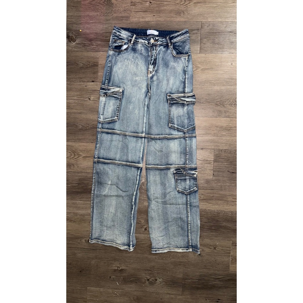 Windsor Denim Womens Large Cargo Wide Leg Jeans Medium Wash Paneled MED